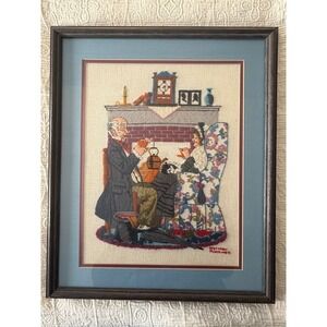 Handmade Embroidered Crewel Large Framed Art Norman Rockwell Tea Time